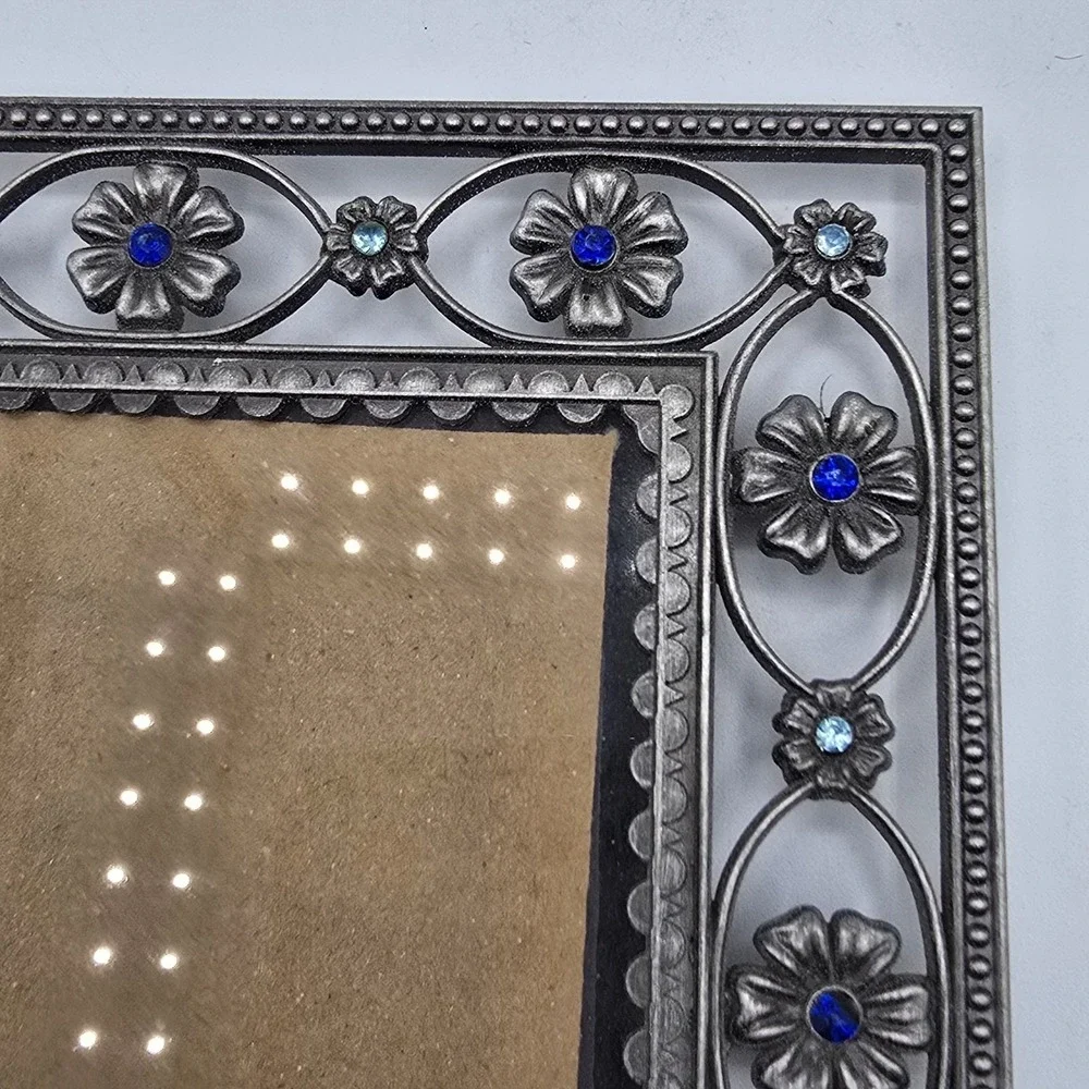 Heirloom Silvertone Floral Blue Jewel Design Photo Picture Frame Vtg